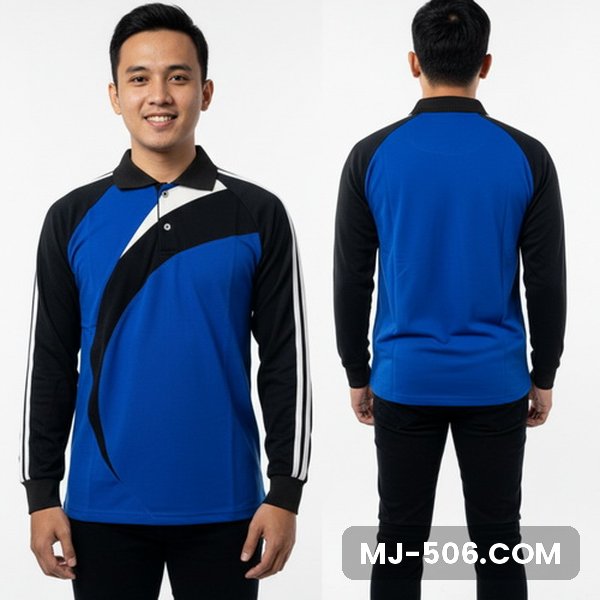Kaos Olahraga Kantor Lengan Panjang Warna Biru Benhur, kaos olahraga kerah polo biru benhur dengan lengan hitam dan list putih di lengan
