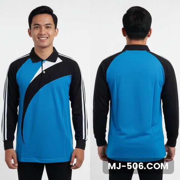 Kaos Olahraga Kantor Lengan Panjang Warna Biru Turkis, kaos olahraga kerah polo biru turkis dengan lengan hitam dan list putih di lengan