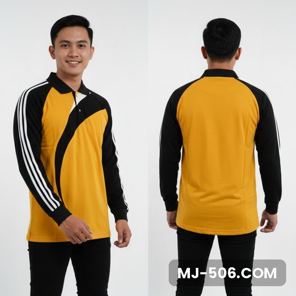 Kaos Olahraga Kantor Lengan Panjang Warna Kuning, kaos olahraga kerah polo kuning dengan lengan hitam dan list putih di lengan