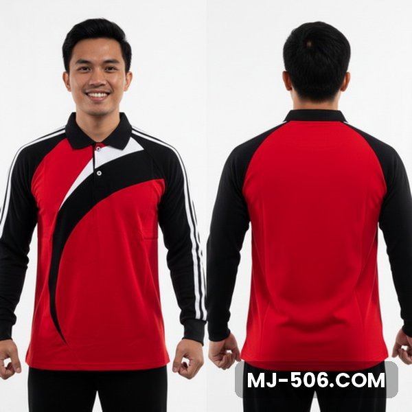 Kaos Olahraga Kantor Lengan Panjang Warna Merah, kaos olahraga kerah polo merah dengan lengan hitam dan list putih di lengan