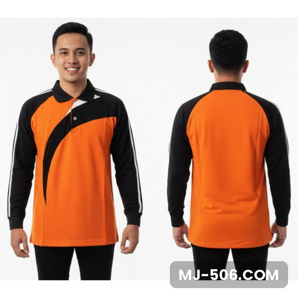 Kaos Olahraga Kantor Lengan Panjang Warna Orange Kaos Olahraga Kantor Lengan Panjang Warna Orange, kaos olahraga kerah polo orange dengan lengan hitam dan list putih di lengan