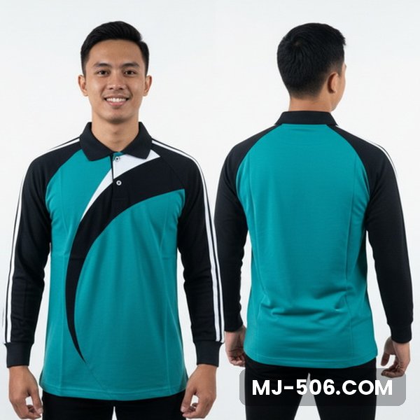 Kaos Olahraga Kantor Lengan Panjang Warna Toska Kaos Olahraga Kantor Lengan Panjang Warna Toska, kaos olahraga kerah polo toska dengan lengan hitam dan list putih di lengan