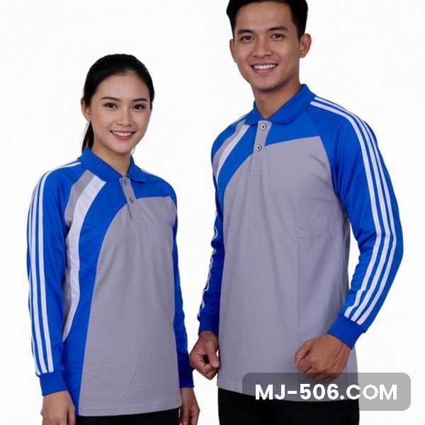 Kaos Olahraga Lengan Panjang Warna Abu Benhur, kaos olahraga kerah polo abu dengan lengan biru benhur dan list putih di lengan