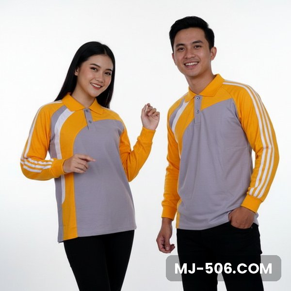 Kaos Olahraga Lengan Panjang Warna Abu Kuning, kaos olahraga kerah polo abu dengan lengan kuning dan list putih di lengan