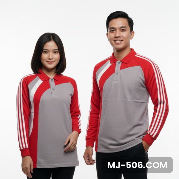 Kaos Olahraga Lengan Panjang Warna Abu Merah, kaos olahraga kerah polo abu dengan lengan merah dan list putih di lengan