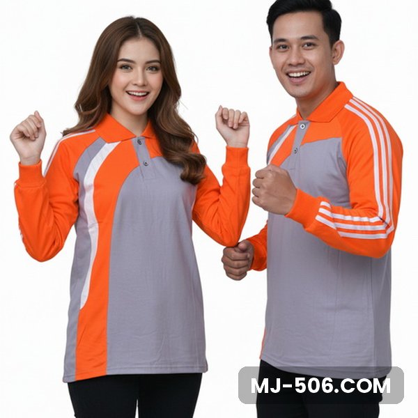 Kaos Olahraga Lengan Panjang Warna Abu Orange, kaos olahraga kerah polo abu dengan lengan orange dan list putih di lengan