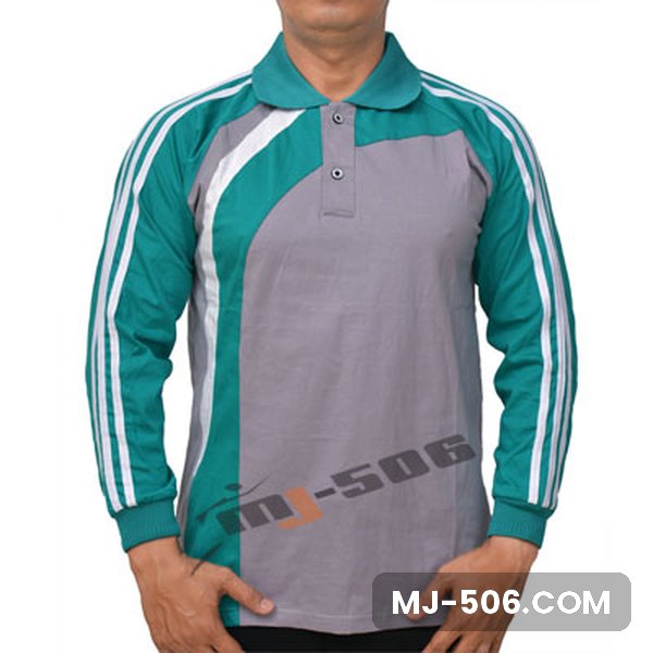 Kaos Olahraga Lengan Panjang Warna Abu Toska, kaos olahraga kerah polo abu dengan lengan toska dan list putih di lengan