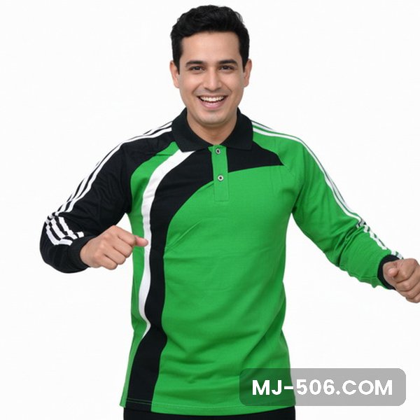 Kaos Olahraga Lengan Panjang Warna Hijau Fuji Kaos Olahraga Lengan Panjang Warna Hijau Fuji, kaos olahraga kerah polo hijau fuji dengan panel hitam dan list putih di lengan