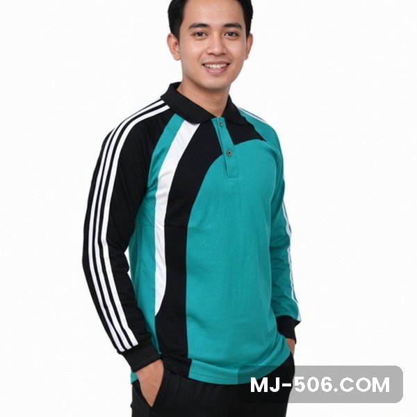 Kaos Olahraga Lengan Panjang Warna Hijau Toska, kaos olahraga kerah polo hijau toska dengan panel hitam dan list putih di lengan