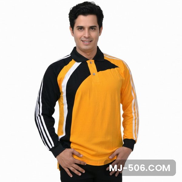 Kaos Olahraga Lengan Panjang Warna Kuning, kaos olahraga kerah polo kuning dengan panel hitam dan list putih di lengan