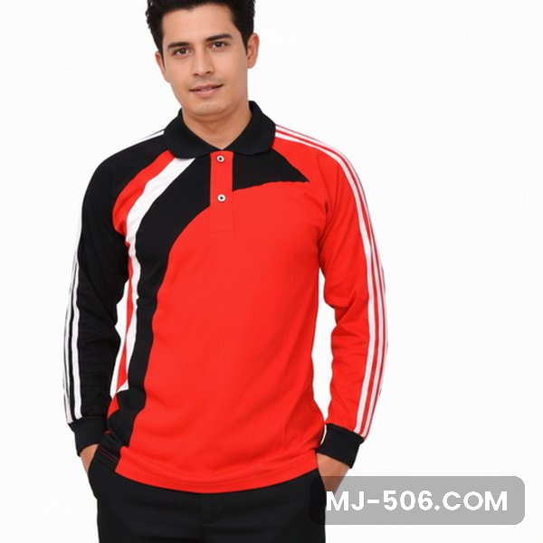Kaos Olahraga Lengan Panjang Warna Merah, kaos olahraga kerah polo merah dengan panel hitam dan list putih di lengan