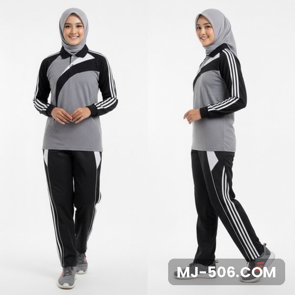 Kaos Olahraga Wanita Abu Kaos Olahraga Wanita Abu, baju abu dengan lengan hitam bergaris putih dan celana training hitam list putih