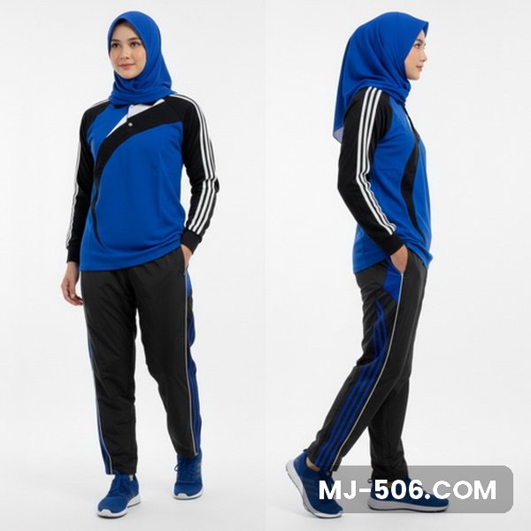 Kaos Olahraga Wanita Biru Benhur, baju biru benhur dengan lengan hitam bergaris putih dan celana training hitam list biru benhur