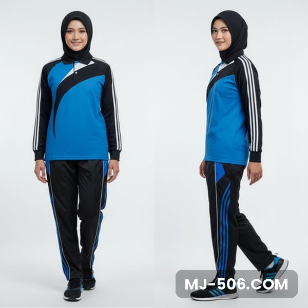 Kaos Olahraga Wanita Biru Turkis Kaos Olahraga Wanita Biru Turkis, baju biru turkis dengan lengan hitam bergaris putih dan celana training hitam list biru turkis