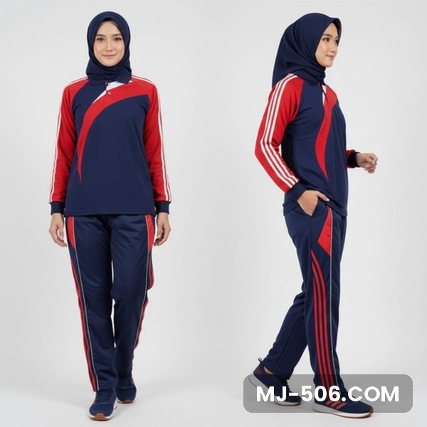 Kaos Olahraga Wanita Dongker Kaos Olahraga Wanita Dongker, baju biru dongker dengan lengan merah dan celana training biru dongker list merah
