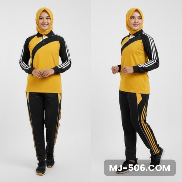 Kaos Olahraga Wanita Kuning Kaos Olahraga Wanita Kuning, baju kuning dengan lengan hitam bergaris putih dan celana training hitam list kuning