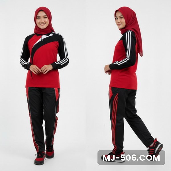 Kaos Olahraga Wanita Merah Kaos Olahraga Wanita Merah, baju merah dengan lengan hitam bergaris putih dan celana training hitam list merah