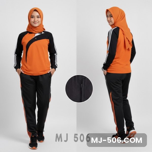 Kaos Olahraga Wanita Orange Kaos Olahraga Wanita Orange, baju orange dengan lengan hitam bergaris putih dan celana training hitam list orange