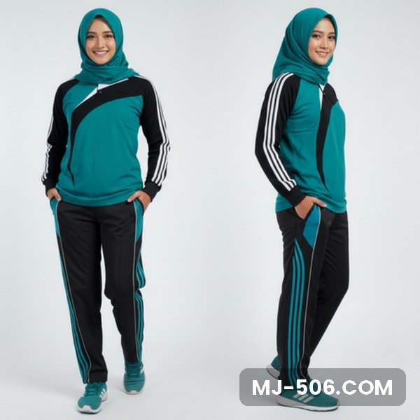 Kaos Olahraga Wanita Toska, baju toska dengan lengan hitam bergaris putih dan celana training hitam list toska