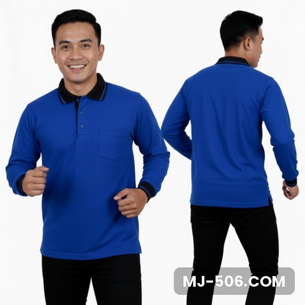 Kaos Polo Lengan Panjang Karyawan Biru Benhur Kerah Hitam Model pria memakai kaos polo lengan panjang biru benhur dengan kerah dan list lengan hitam, tampak depan dan belakang
