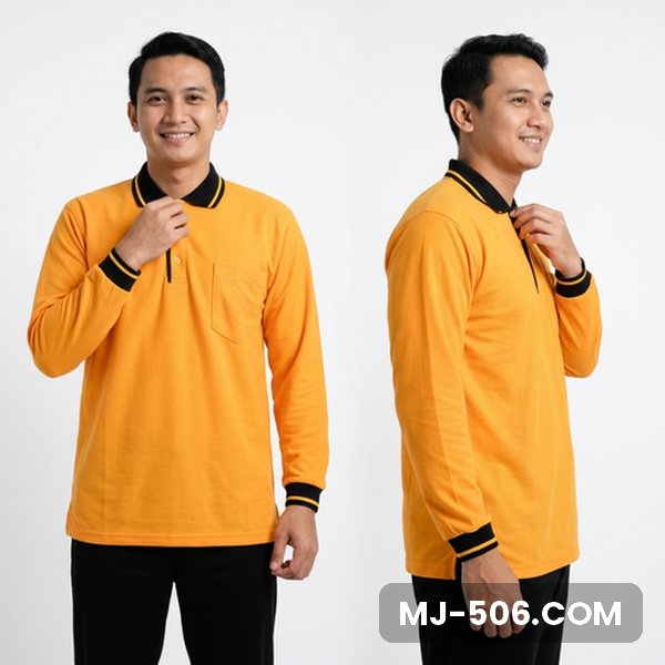 Kaos Polo Lengan Panjang Kantor Kuning Kerah Hitam Model pria memakai kaos polo lengan panjang kuning dengan kerah dan list lengan hitam, tampak depan dan belakang