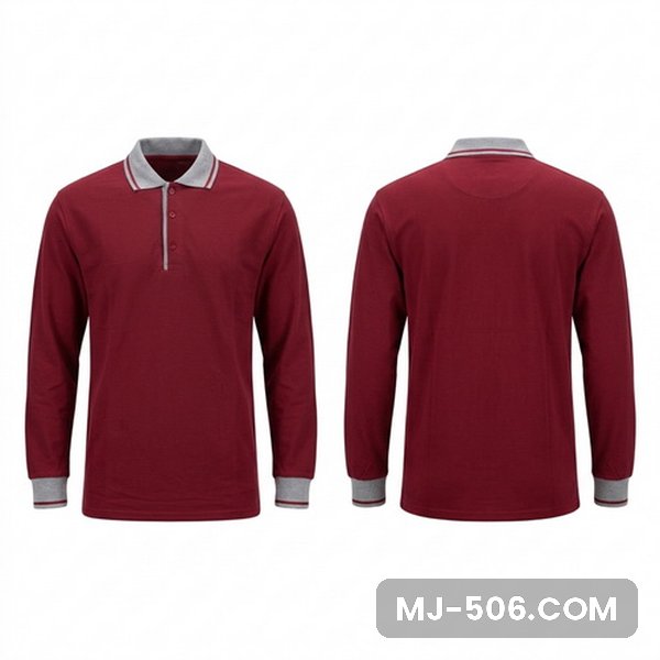 Kaos Polo Lengan Panjang Guru Marun Kerah Abu Kaos Polo Lengan Panjang Guru Marun Kerah Abu tampak depan dan belakang, kaos polo lengan panjang marun dengan kerah dan list lengan abu