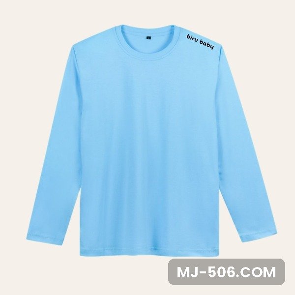 Kaos Polos Lengan Panjang Biru Baby Kaos polos lengan panjang warna biru baby, katun combed 30s tampak depan