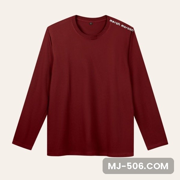 Kaos Polos Lengan Panjang Merah Maron Kaos polos lengan panjang warna merah maron, katun combed 30s tampak depan