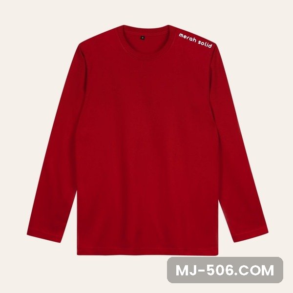 Kaos Polos Lengan Panjang Merah Solid Kaos polos lengan panjang warna merah solid, katun combed 30s tampak depan