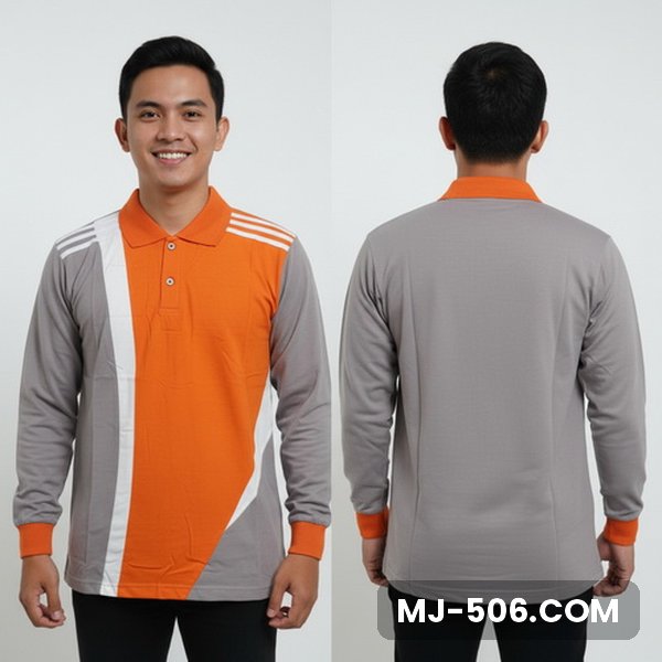 Kaos Seragam Olahraga Warna Orange Abu, kaos olahraga kerah polo orange di bagian depan dengan lengan abu dan list putih di lengan