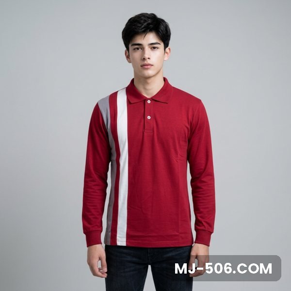 Kaos Seragam Lengan Panjang Warna Merah Maroon, kaos polo lengan panjang tampak depan