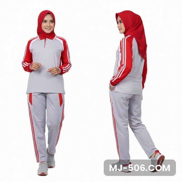 Kaos Training Wanita Abu Merah Celana Abu Kaos Training Wanita Abu Merah Celana Abu, baju abu dengan lengan merah bergaris putih dan celana training abu list merah