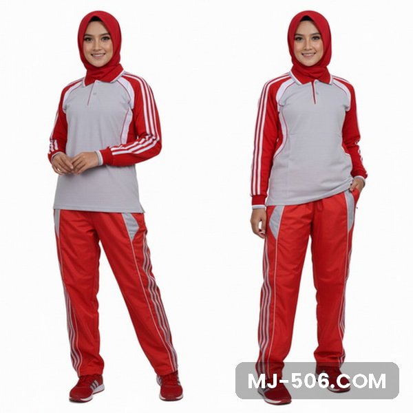 Kaos Training Wanita Abu Merah Celana Merah Kaos Training Wanita Abu Merah Celana Merah, baju abu dengan lengan merah bergaris putih dan celana training merah list putih
