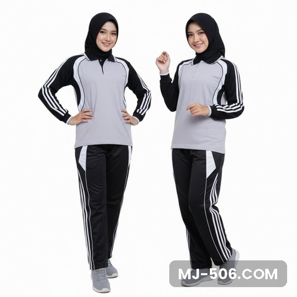 Kaos Training Wanita Abu Kaos Training Wanita Abu, baju abu dengan lengan hitam bergaris putih dan celana training hitam list putih