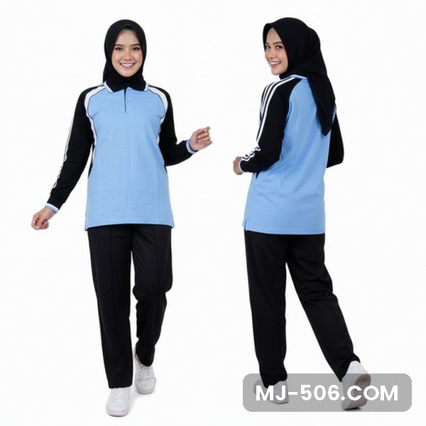 Kaos Training Wanita Biru Baby Kaos Training Wanita Biru Baby, baju biru baby dengan lengan hitam bergaris putih dan celana training hitam polos