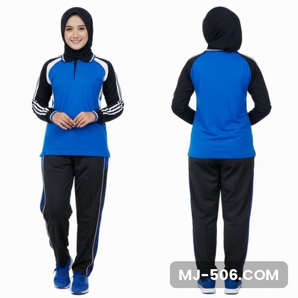 Kaos Training Wanita Biru Benhur Kaos Training Wanita Biru Benhur, baju biru benhur dengan lengan hitam bergaris putih dan celana training hitam list biru benhur