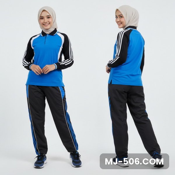 Kaos Training Wanita Biru Turkis Kaos Training Wanita Biru Turkis, baju biru turkis dengan lengan hitam bergaris putih dan celana training hitam list biru turkis