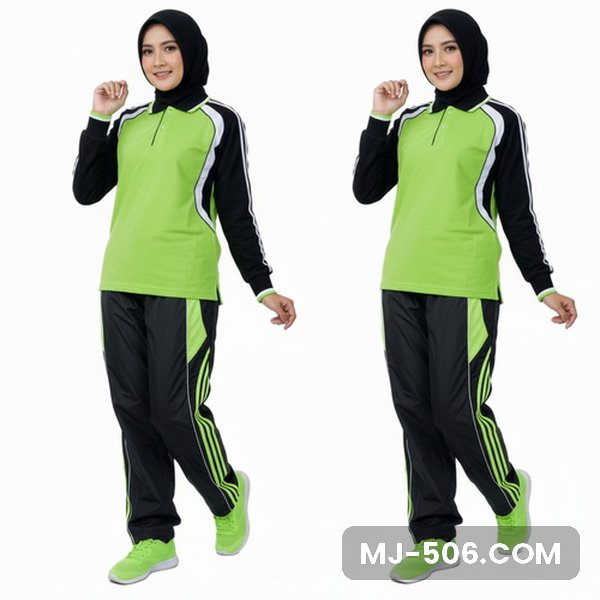 Kaos Training Wanita Hijau Stabilo Kaos Training Wanita Hijau Stabilo, baju hijau stabilo dengan lengan hitam bergaris putih dan celana training hitam list hijau stabilo
