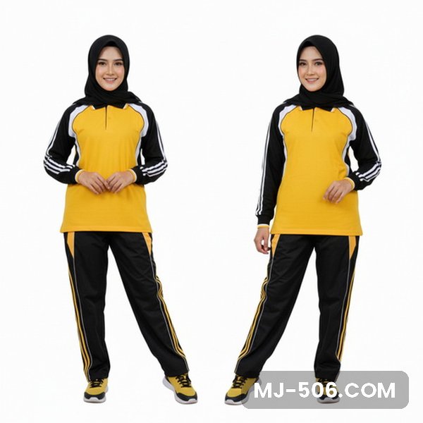 Kaos Training Wanita Kuning Kaos Training Wanita Kuning, baju kuning dengan lengan hitam bergaris putih dan celana training hitam list kuning