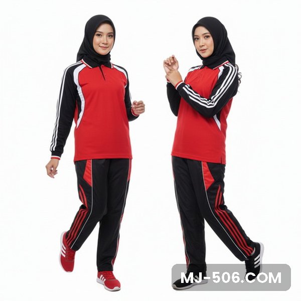 Kaos Training Wanita Merah, baju merah dengan lengan hitam bergaris putih dan celana training hitam list merah