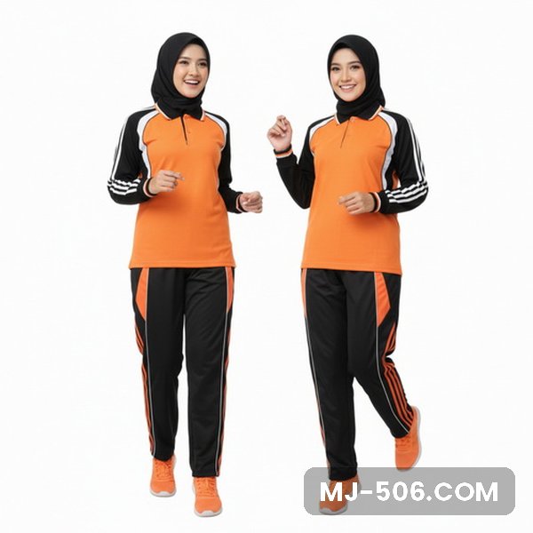 Kaos Training Wanita Orange Kaos Training Wanita Orange, baju orange dengan lengan hitam bergaris putih dan celana training hitam list orange