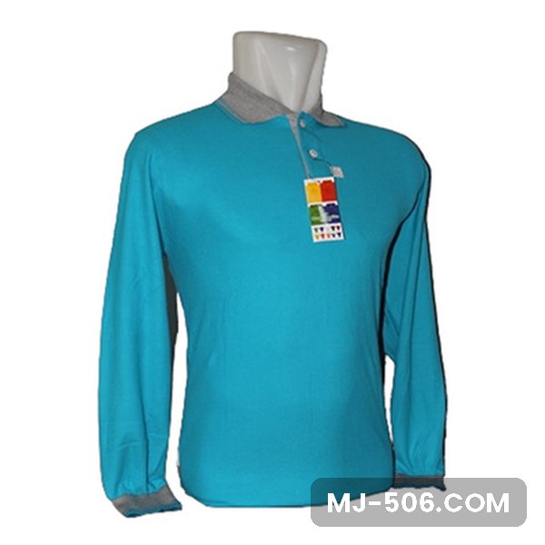 Polo Shirt Lengan Panjang Biru Turkis Muda Polo Shirt Lengan Panjang Biru Turkis Muda dipajang di manekin, polo shirt lengan panjang biru turkis muda dengan kerah dan manset lengan abu
