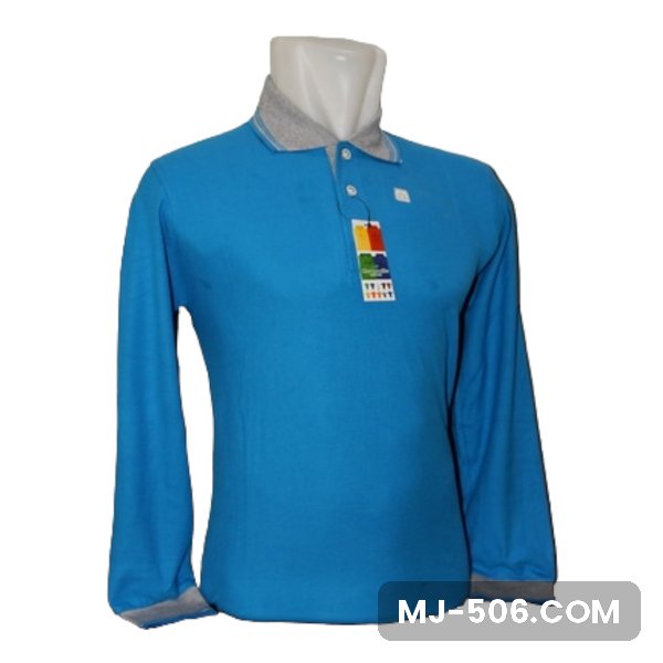 Polo Shirt Lengan Panjang Biru Turkis Polo Shirt Lengan Panjang Biru Turkis dipajang di manekin, polo shirt lengan panjang biru turkis dengan kerah dan manset lengan abu