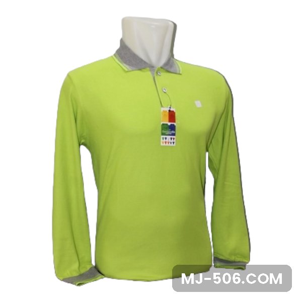 Polo Shirt Lengan Panjang Hijau Stabilo Polo Shirt Lengan Panjang Hijau Stabilo dipajang di manekin, polo shirt lengan panjang hijau stabilo dengan kerah dan manset lengan abu