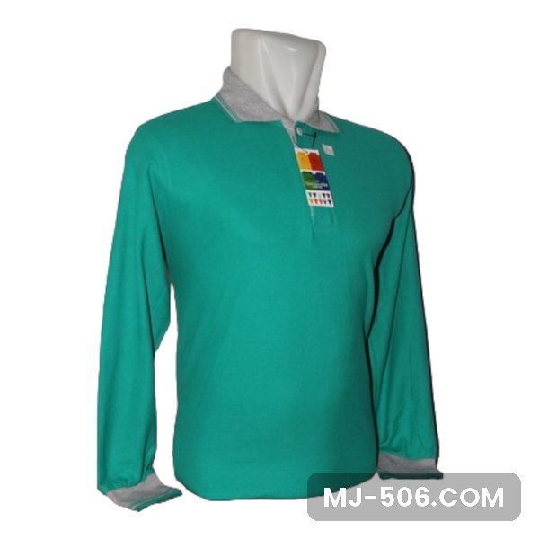 Polo Shirt Lengan Panjang Hijau Toska Polo Shirt Lengan Panjang Hijau Toska dipajang di manekin, polo shirt lengan panjang hijau toska dengan kerah dan manset lengan abu