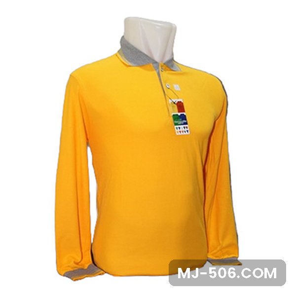 Polo Shirt Lengan Panjang Kuning Polo Shirt Lengan Panjang Kuning dipajang di manekin, polo shirt lengan panjang kuning dengan kerah dan manset lengan abu