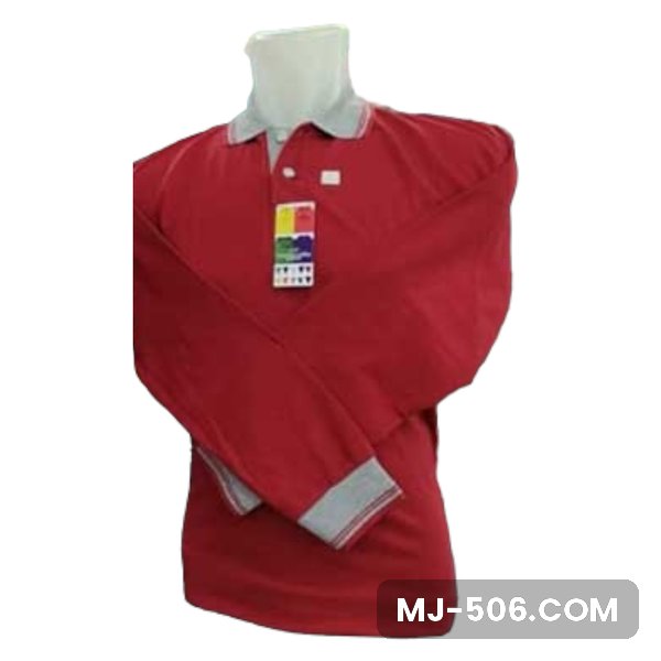 Polo Shirt Lengan Panjang Merah Marun Polo Shirt Lengan Panjang Merah Marun dipajang di manekin, polo shirt lengan panjang merah marun dengan kerah dan manset lengan abu