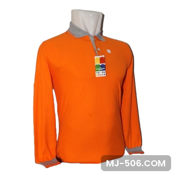 Polo Shirt Lengan Panjang Orange Polo Shirt Lengan Panjang Orange dipajang di manekin, polo shirt lengan panjang orange dengan kerah dan manset lengan abu