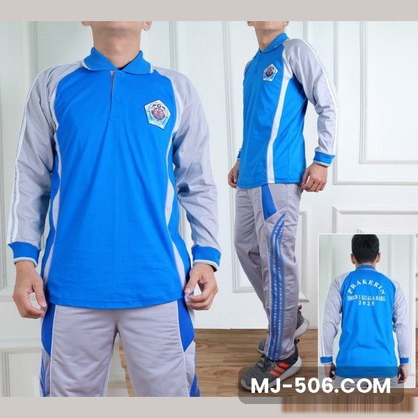 Sablon Baju Olahraga Sekolah Biru Abu, sablon logo sekolah di dada dan tulisan di punggung