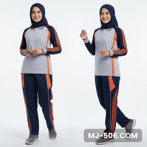 Seragam Olahraga Wanita Abu Dongker, baju abu dengan lengan biru dongker list orange dan celana training biru dongker list orange